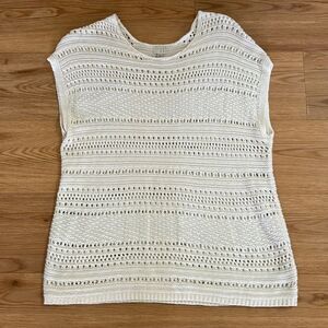 A New Day Womens Cream Knit Crochet Cap Sleeve Sweater Blouse Large Crew Neck